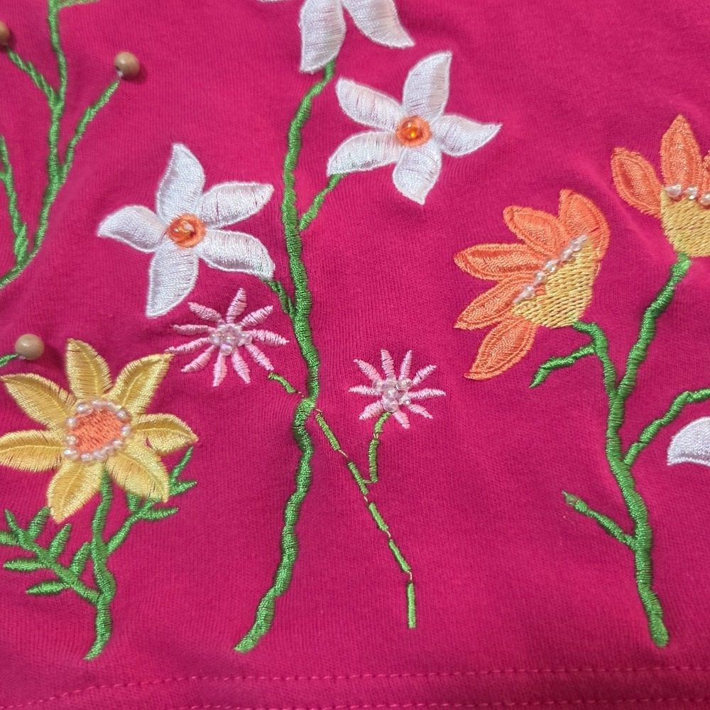Mandal Bay Womens Large Pink Floral Embroidered Beaded Cotton 3/4 Sleeve Top